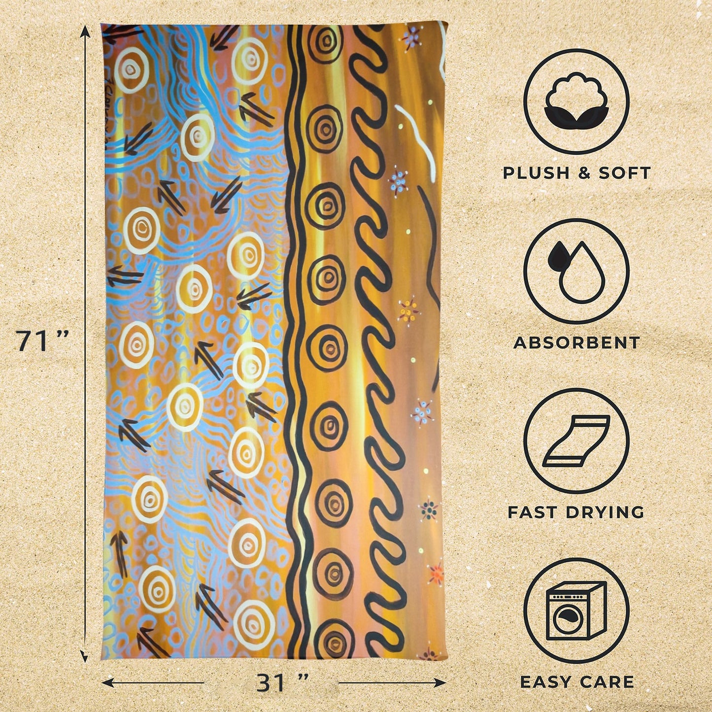 Kangaroo steps FCD Beach Towel 31"x71"(NEW)(Made in AUS)